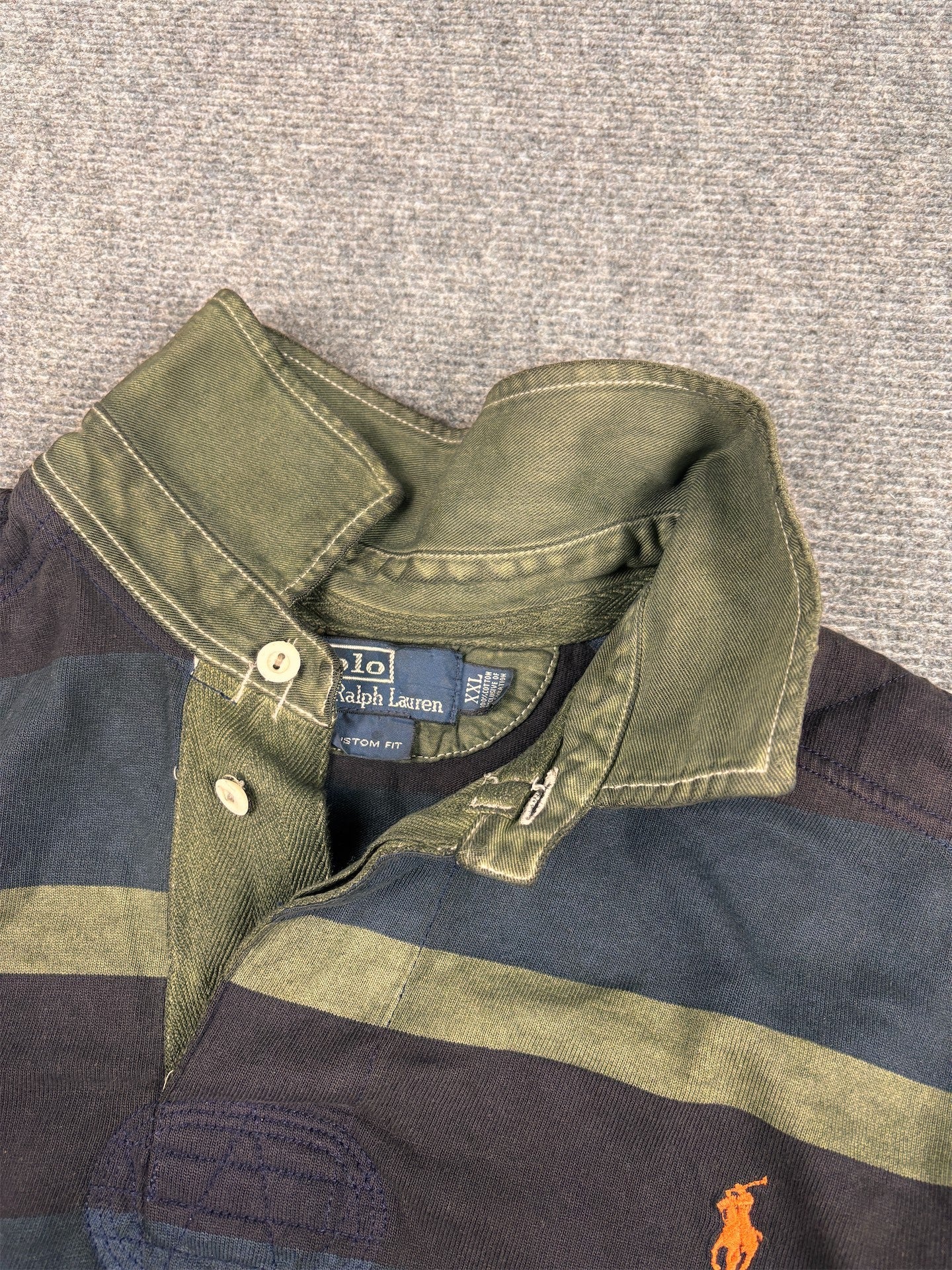 Vintage 90's Ralph Lauren Rugby Polo Men's XXL Green Navy Blue Small Pony Orange