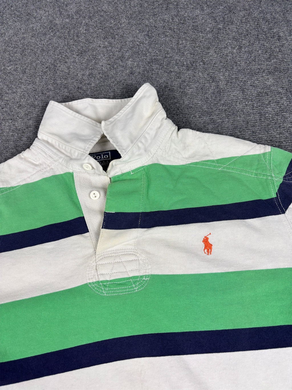 Vintage 90's Ralph Lauren Rugby Polo Men's L Green Blue White Stripe Orange Small Pony