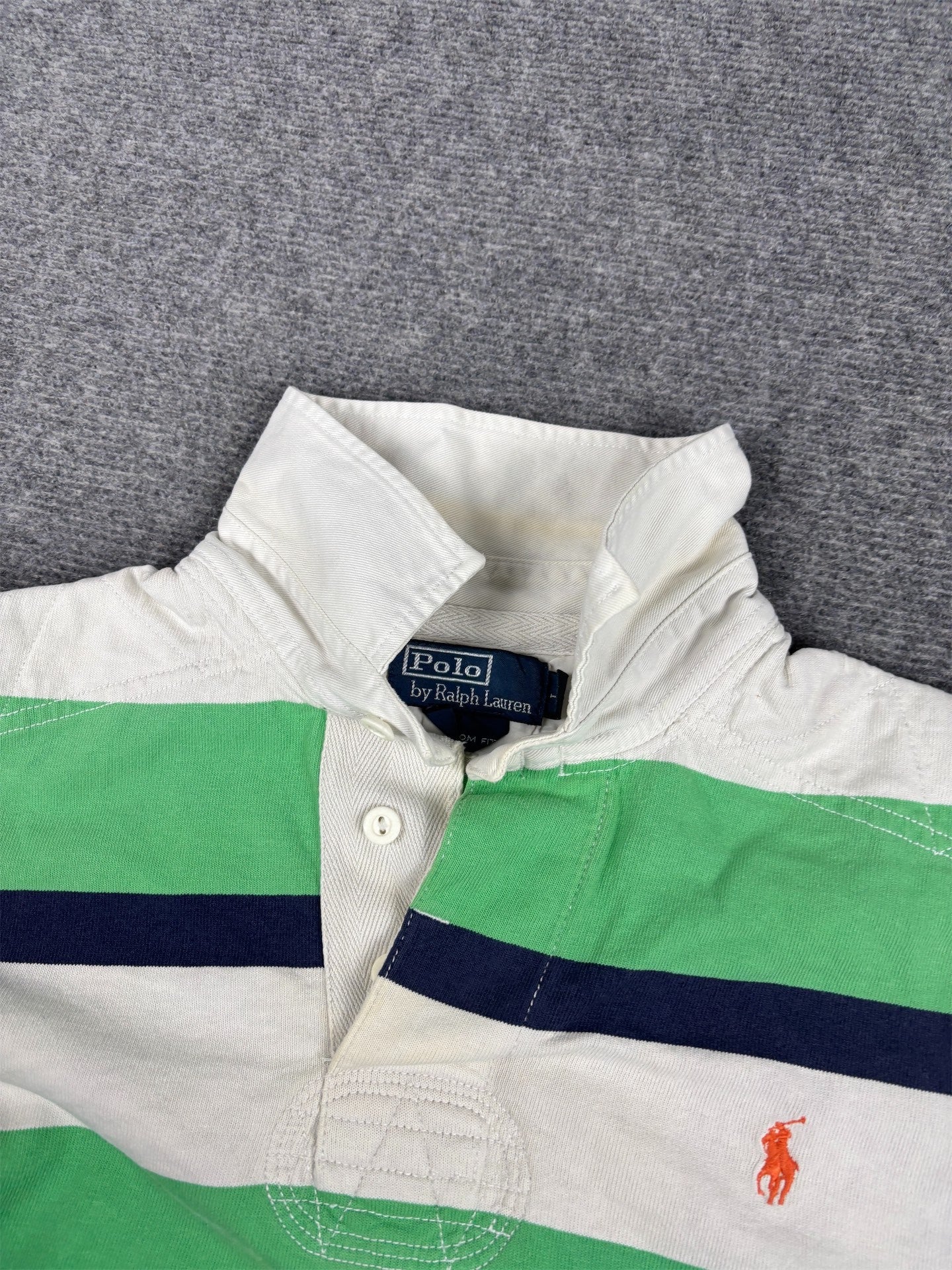 Vintage 90's Ralph Lauren Rugby Polo Men's L Green Blue White Stripe Orange Small Pony