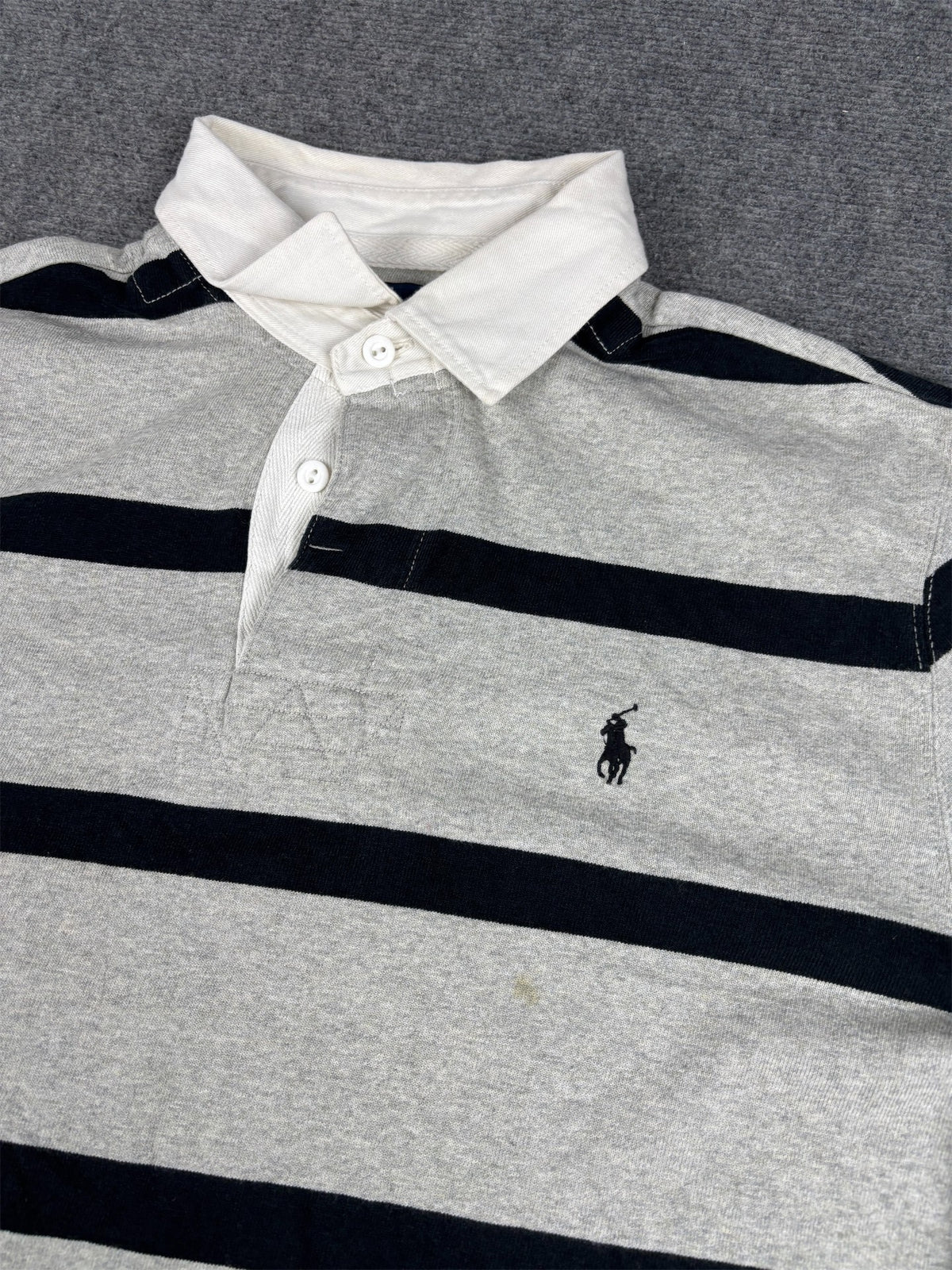 Vintage 90's Ralph Lauren Rugby Polo Men's L Grey Black Striped Small Pony  Collared