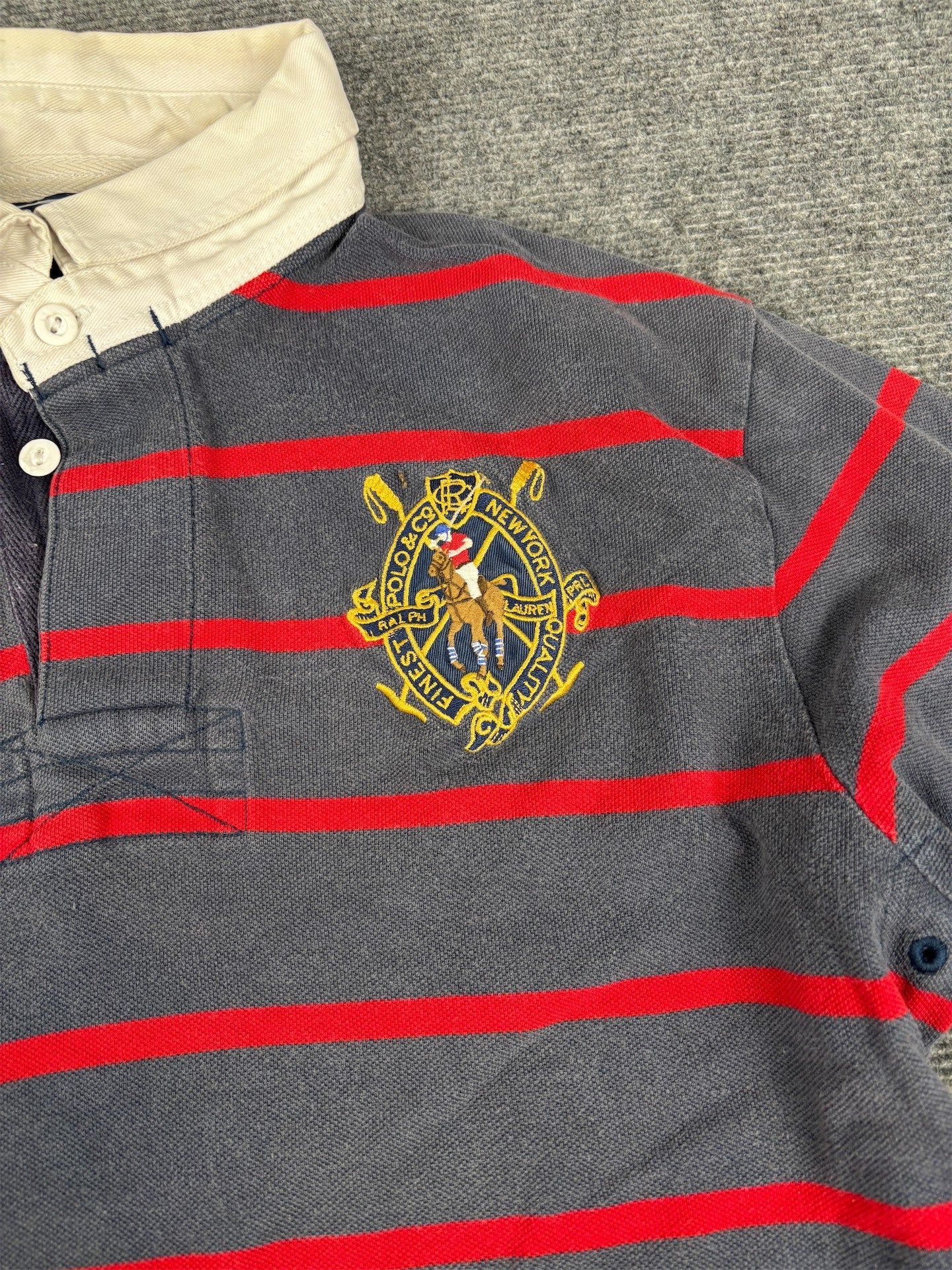 Vintage 90's Ralph Lauren Rugby Polo Men's L Grey Red Striped Largy Pony Embroidered Badge Collared