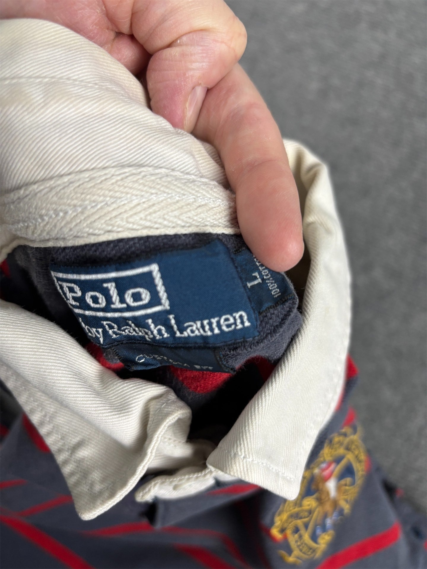 Vintage 90's Ralph Lauren Rugby Polo Men's L Grey Red Striped Largy Pony Embroidered Badge Collared