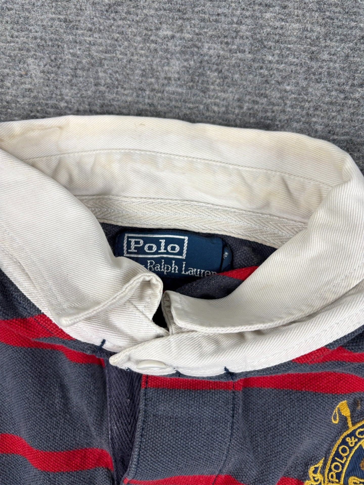 Vintage 90's Ralph Lauren Rugby Polo Men's L Grey Red Striped Largy Pony Embroidered Badge Collared