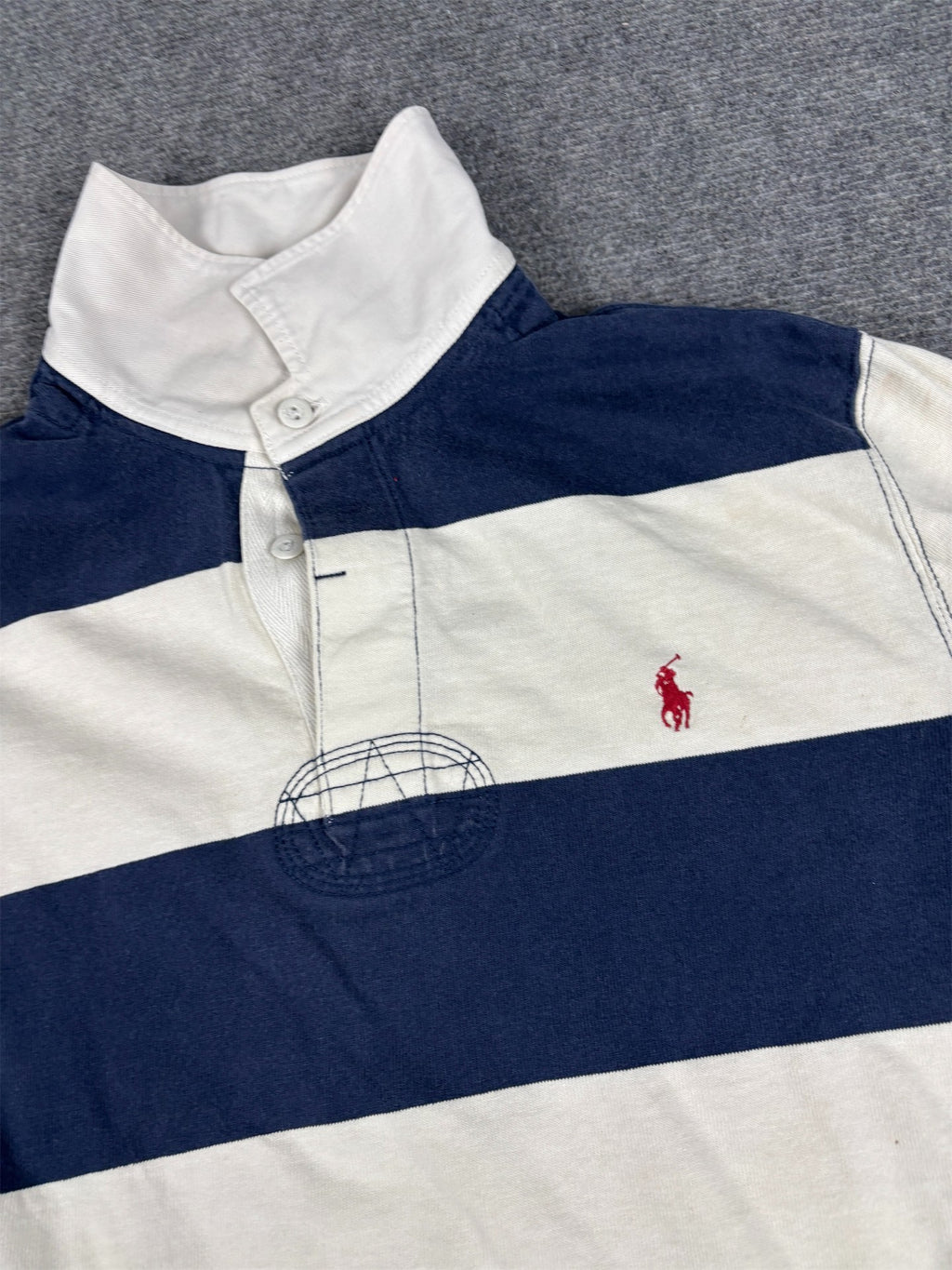 Vintage 90's Ralph Lauren Rugby Polo Men's L Blue White Striped Small Red Pony Collared