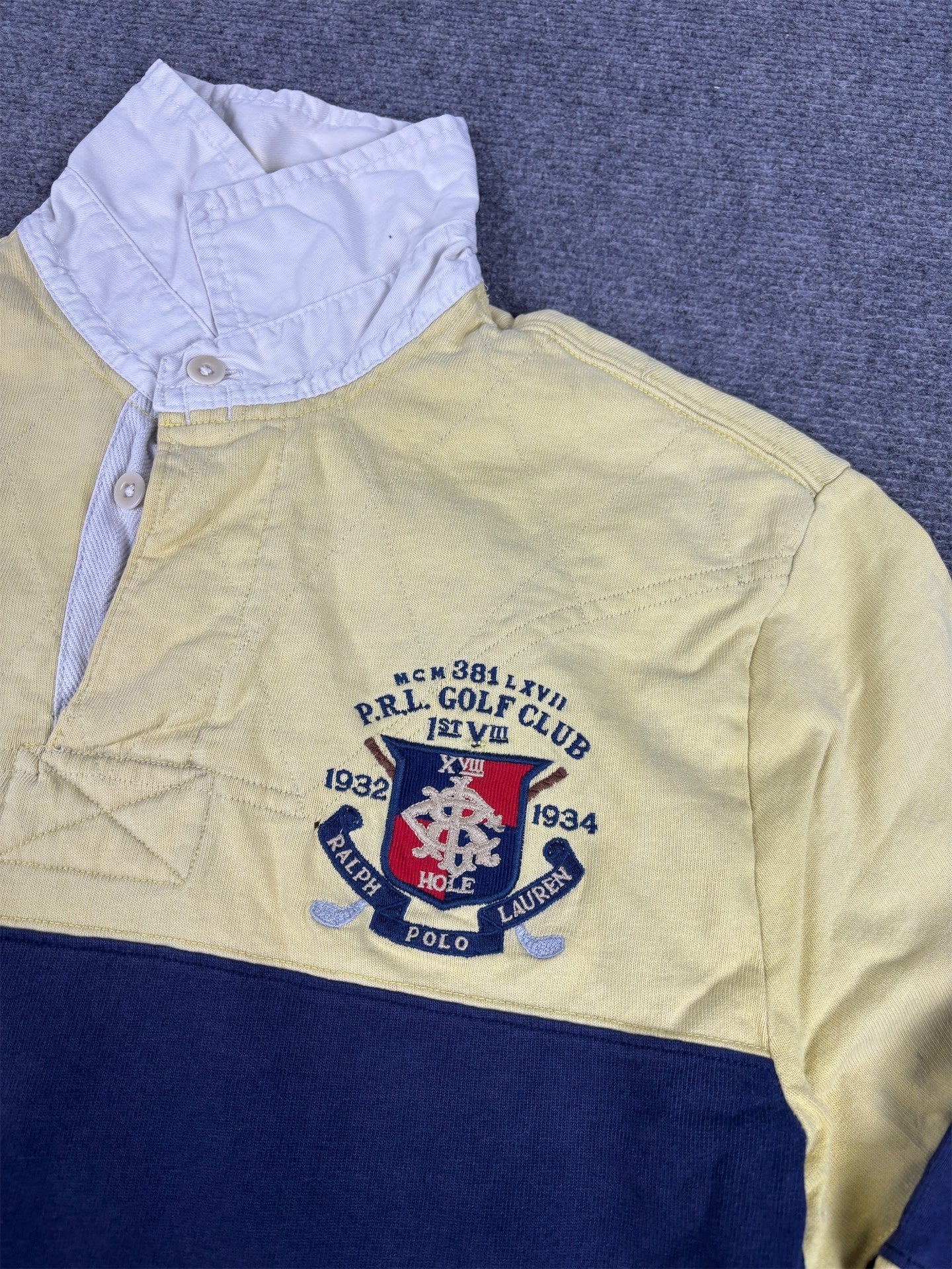 Vintage 90's Ralph Lauren Rugby Polo Men's M Yellow Navy Blue PRL Golf Club Badge
