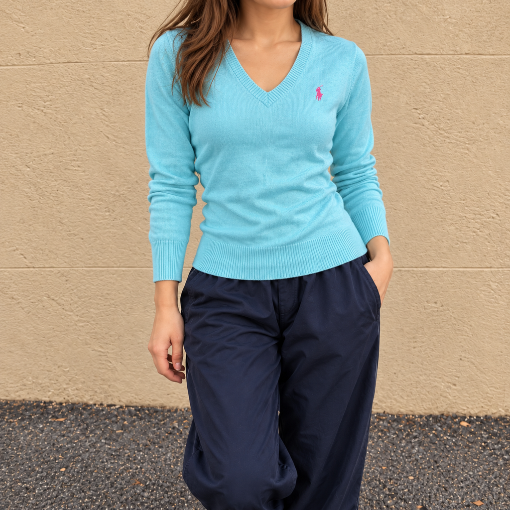 Ralph Lauren V-Neck Sweater Women's XS Baby Blue Small Pony Golf Core