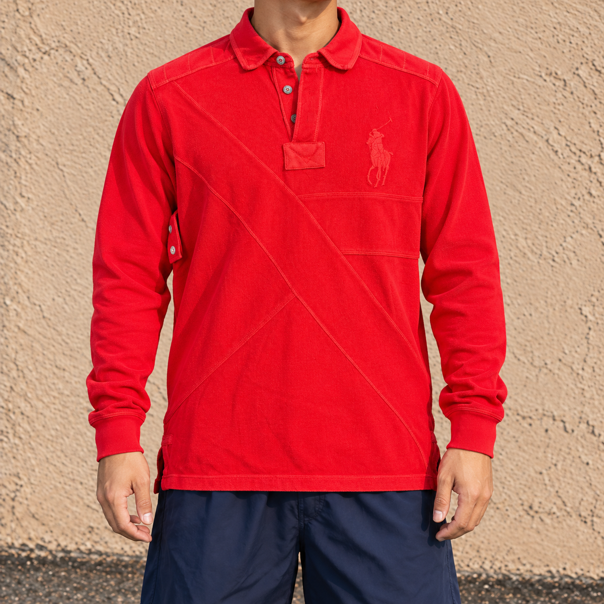 Vintage 90's Ralph Lauren Rugby Polo Men's L Double Red Big Pony Stitching Detail Collared