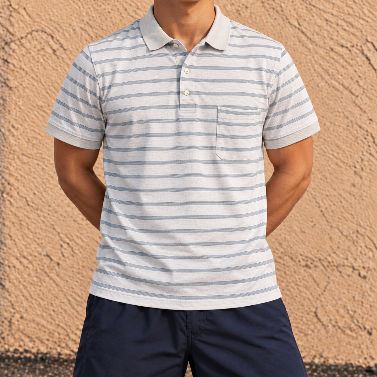 Vintage Schiesser Polo Shirt Men's Medium Grey White Stripe Golf Core