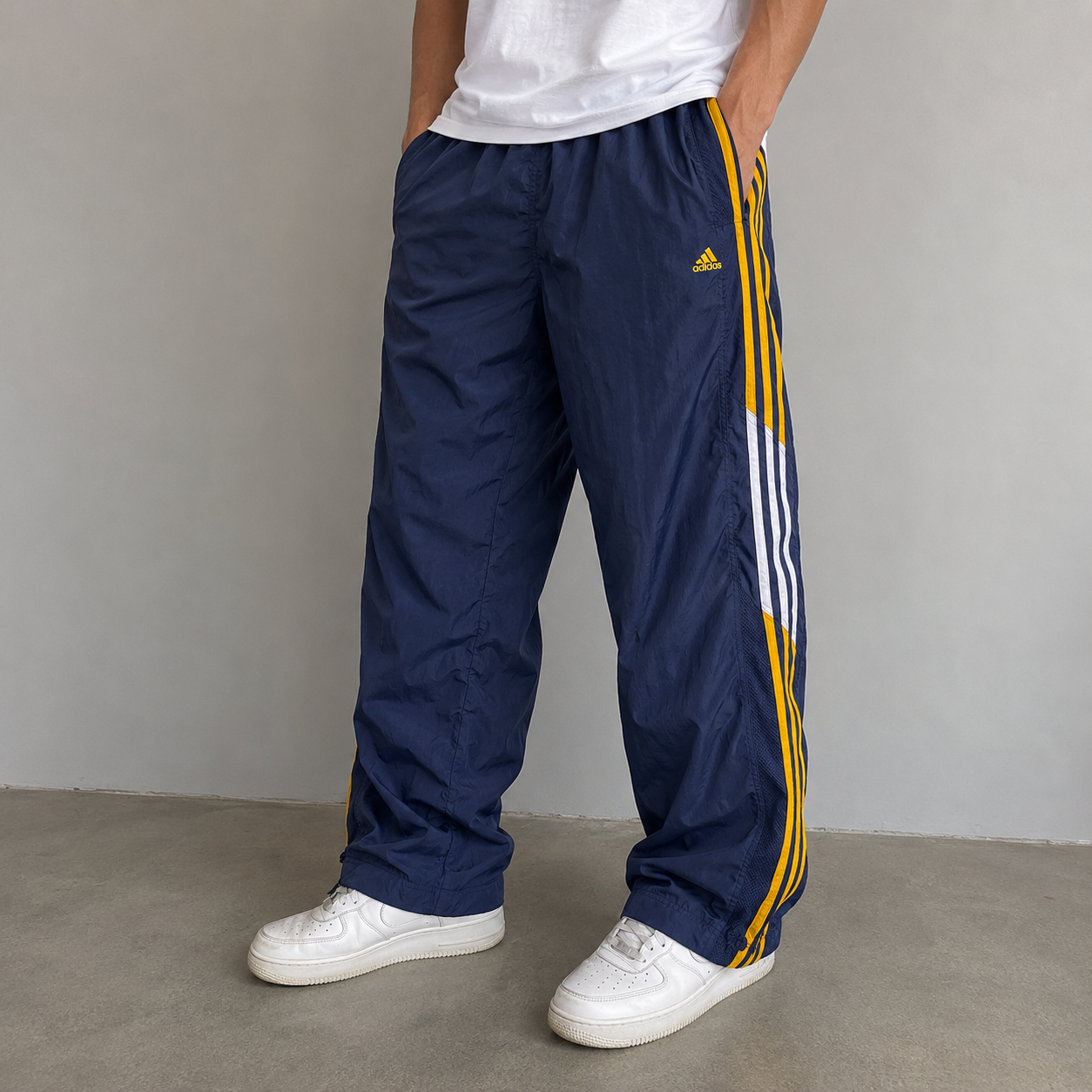 Vintage Y2K Adidas Track Pants Size XL Navy Yellow Logo Wide Leg Windbreaker