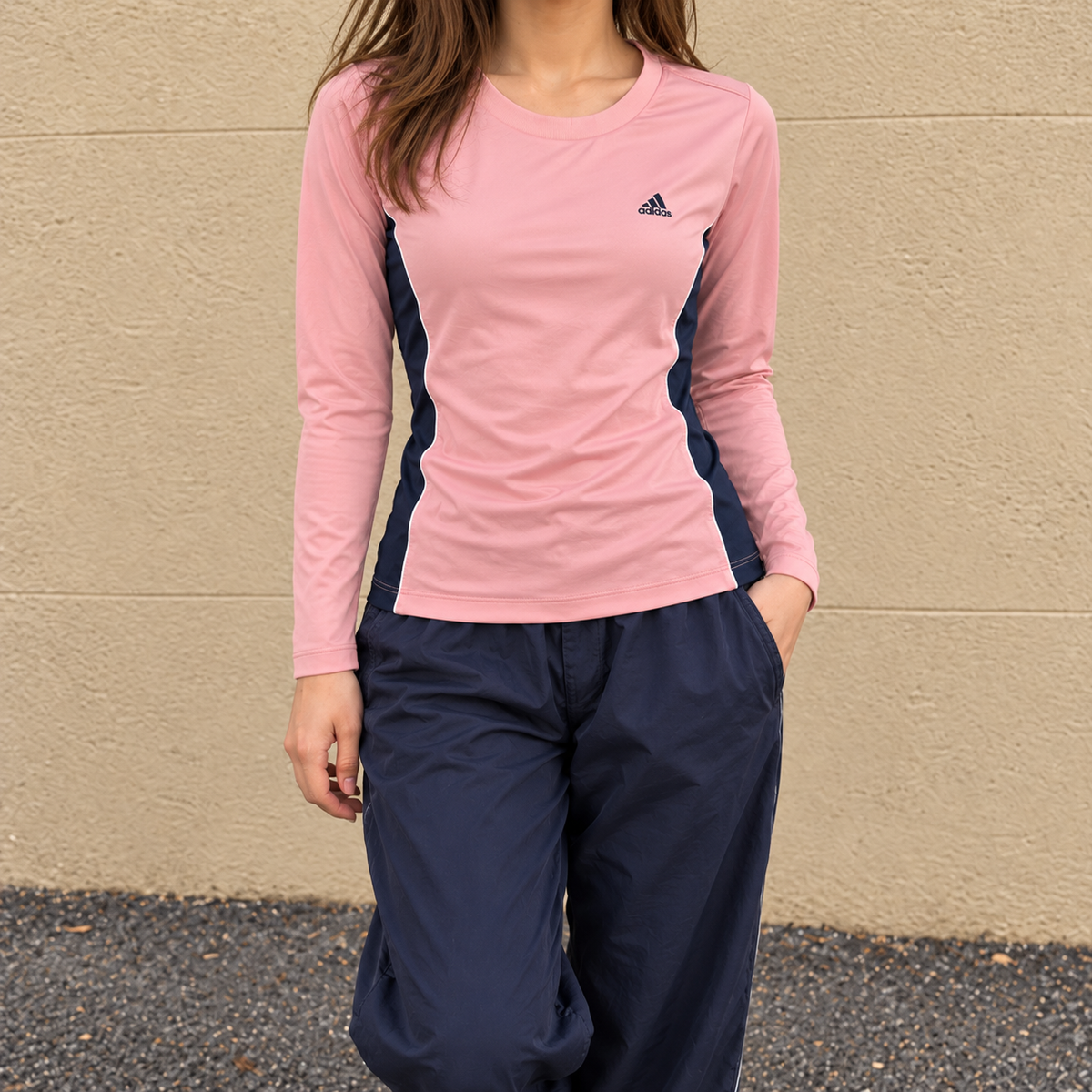 y2k Adidas Climalite Long Sleeve Top Women's Small Pink Navy Activewear T-shirt