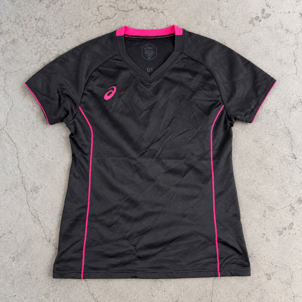 Asics V-Neck Training Tee Black Hot Pink Piping Fitted photo 2