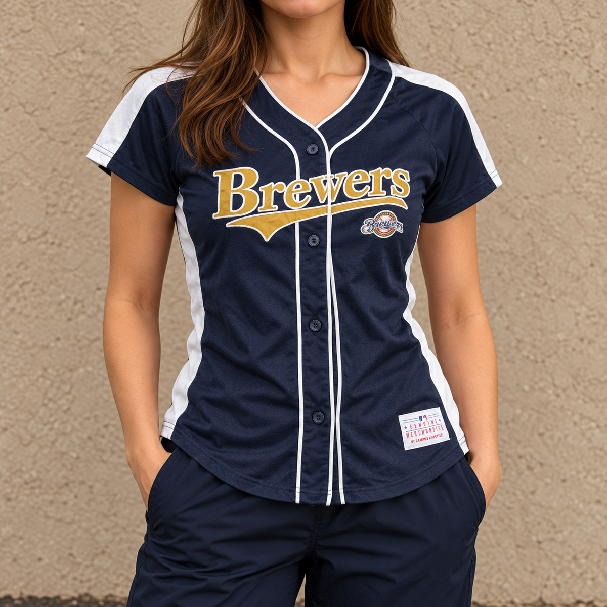 MLB Milwaukee Brewers Baseball Jersey Button Up Women's Medium Navy
