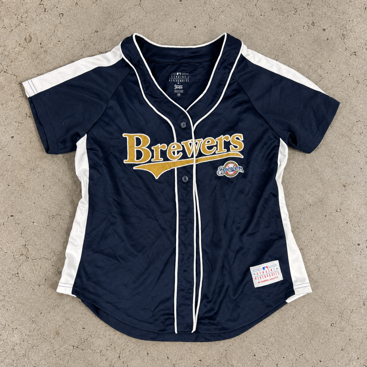 MLB Milwaukee Brewers Baseball Jersey Button Up Women's Medium Navy
