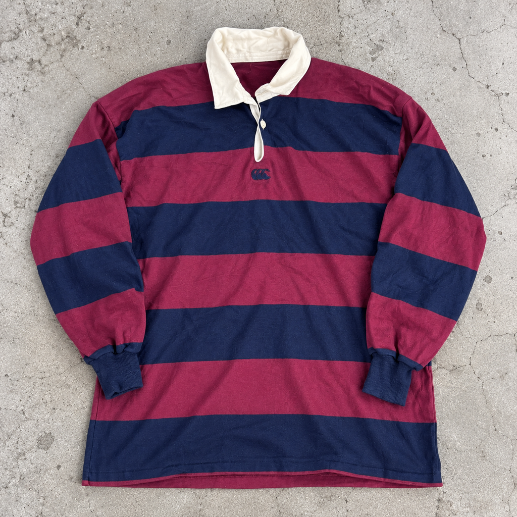 Vintage 90s Canterbury Rugby Polo Men's XL Burgundy Navy Stripe Jersey