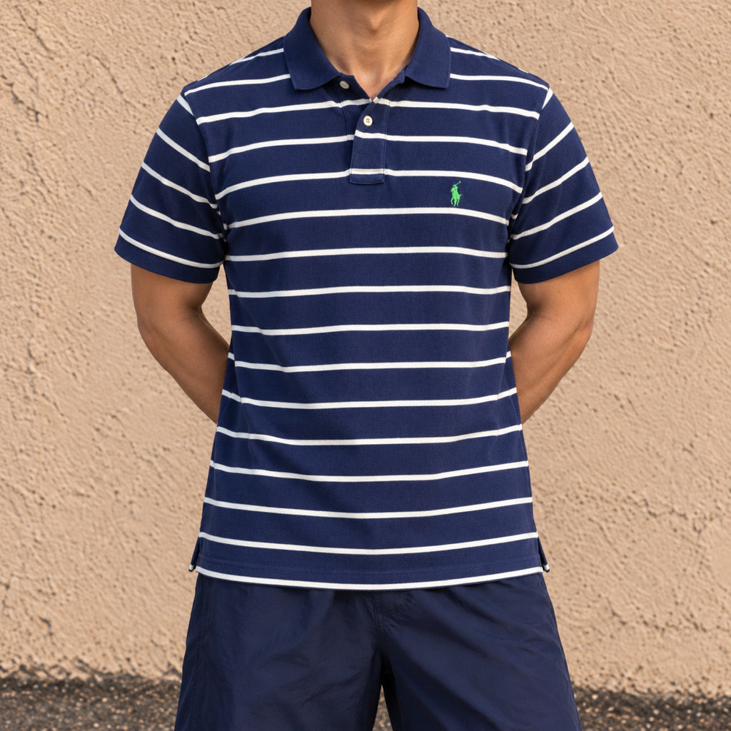 Polo Ralph Lauren Custom Fit Striped Pique Polo Navy White Green Pony photo 2