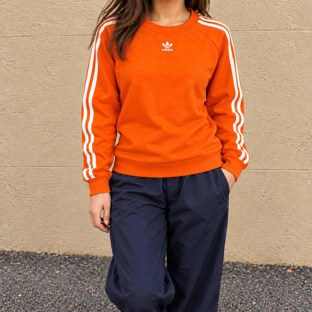 Adidas 3 Stripe Jumper Women's Small Orange White Centre Logo Sweatshirt