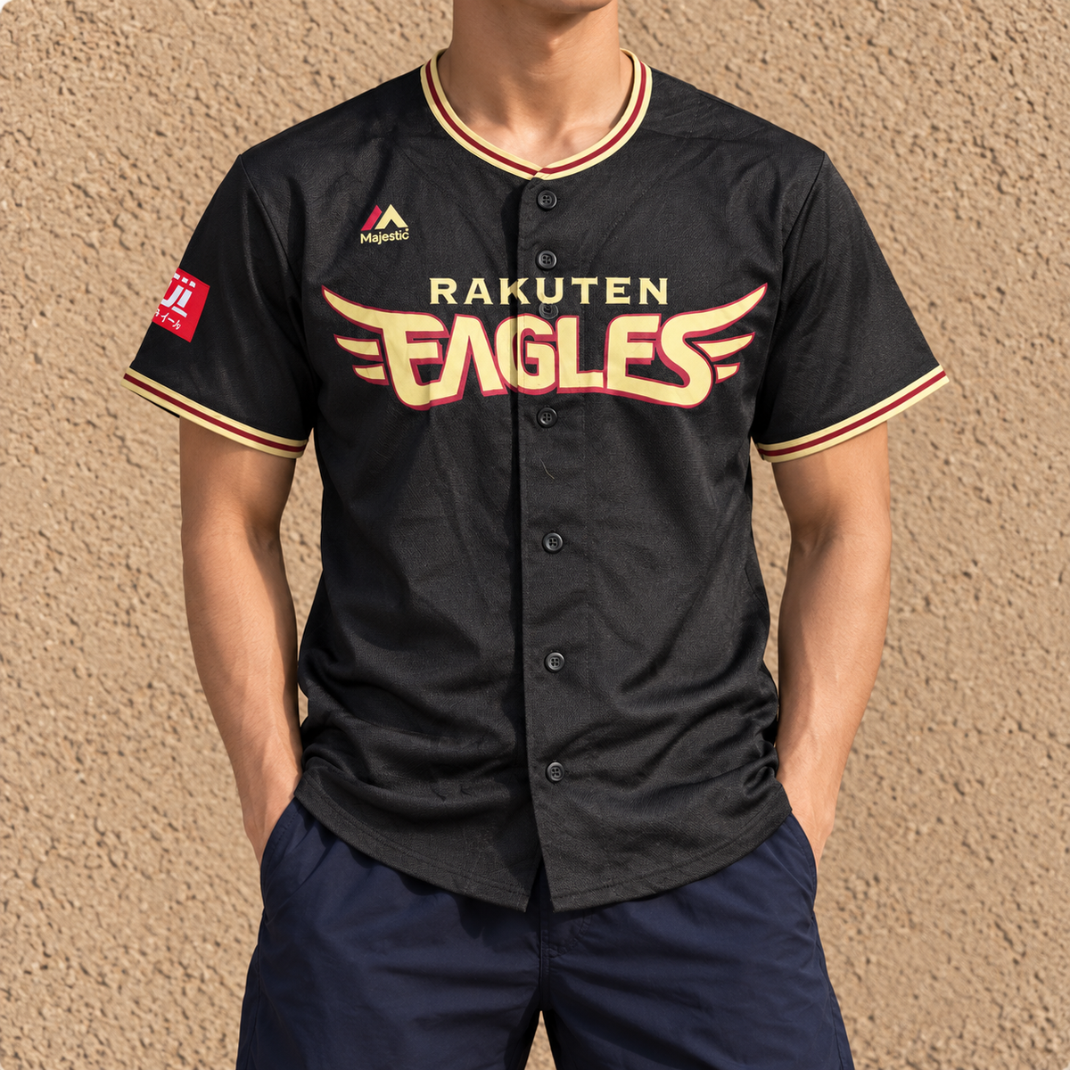 Majestic Japanese Baseball Jersey Men's Small Black Button Up Rakuten Eagles