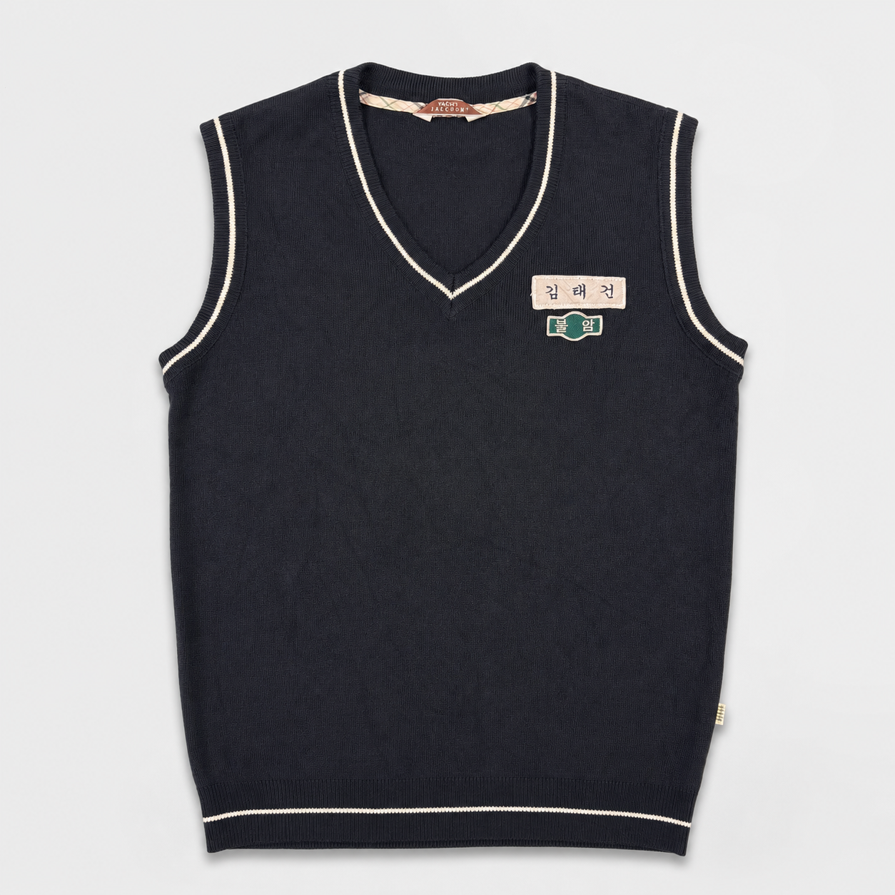 Vintage Korean School Sweater Vest Women's Small Black Badge Logo V-Neck Jumper