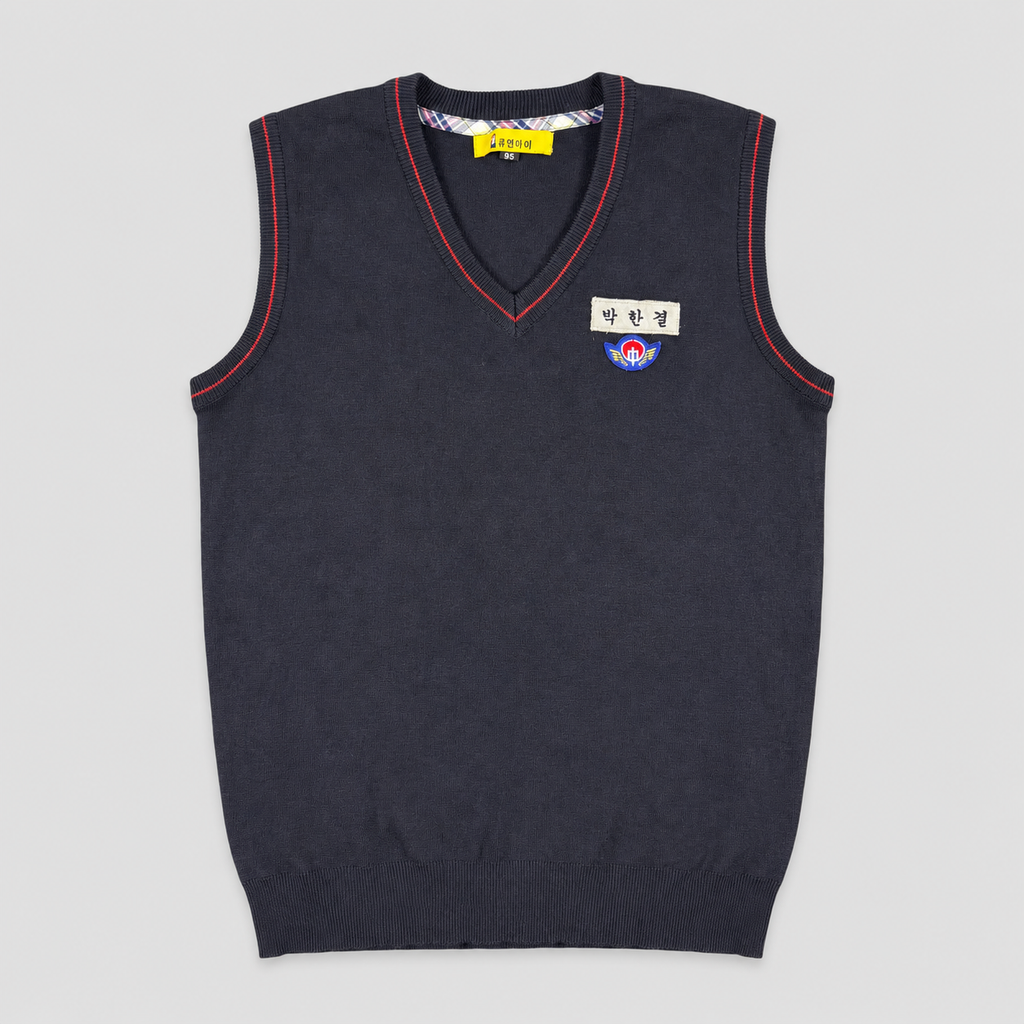 2000s Korean School Uniform Vest Women's Small Black Badge Logo V-neck