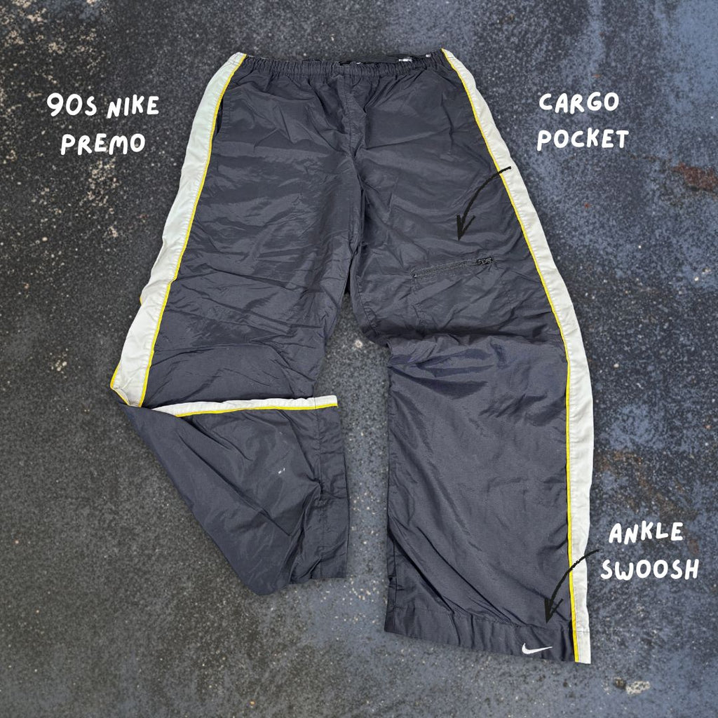Vintage 90s Nike Track Pants Men’s M Black Grey Yellow Ankle Swoosh Front Cargo Pocket Baggy