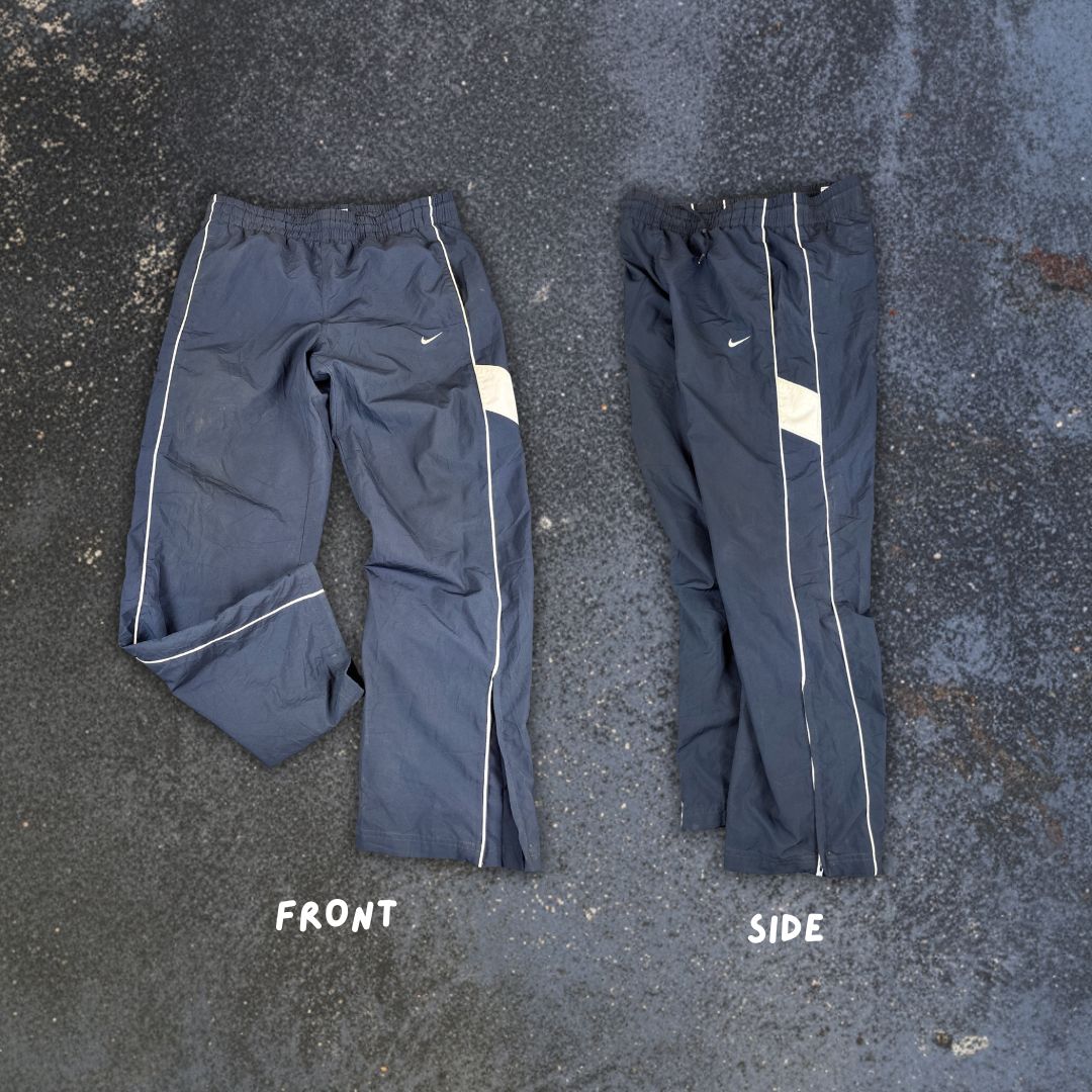 Y2K to 10s Nike Track Pants Men’s M Navy Double White Piping Swoosh Ankle Zip Wide Leg
