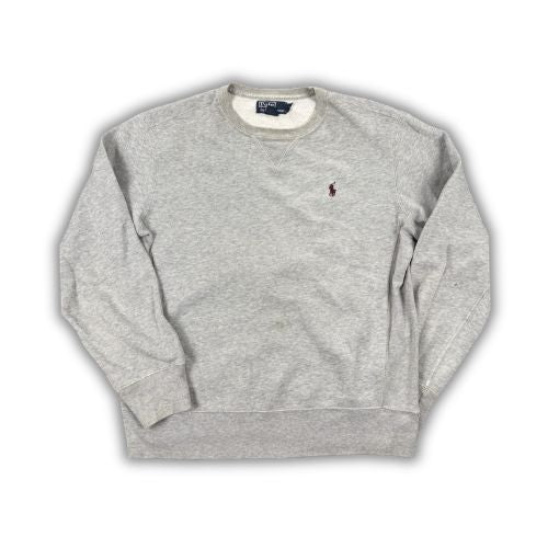 Vintage Men's 90's Ralph Lauren Jumper M Grey Red Small Pony Sweatshirt Crew Neck