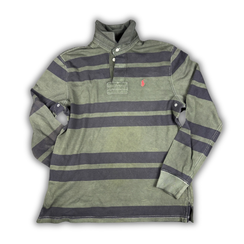 Vintage Y2K Ralph Lauren Rugby Polo Men's M Dark Green Navy Striped Small pony Collared