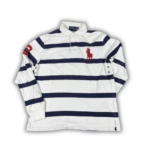 Ralph Lauren Rugby Polo Men's M White Blue Stripe Large Pony Red