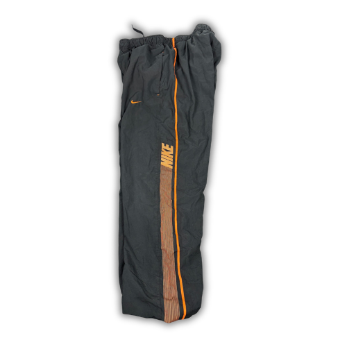 Men's Classic Nike Track Pants Size M Black Orange Piping Swoosh Spell Out Logo Cuffed Ankles Wide Leg