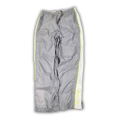 Vintage 90's Nike Track Pants Women's M Grey Grey Green Piping Spell Out Velcro Ankle Wide Leg