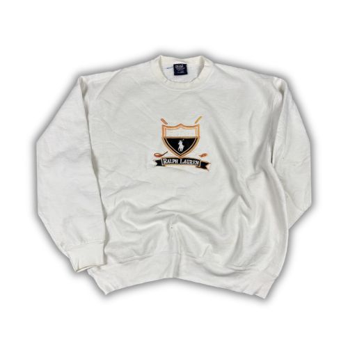 Vintage 90's Ralph Lauren Jumper Men's XXL White Golf Logo Leather Details Rare Crew Neck
