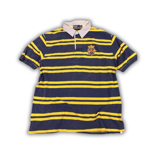 Vintage Men's 90's Ralph Lauren Polo XXL Blue Yellow Striped Badge Logo Shirt Collared