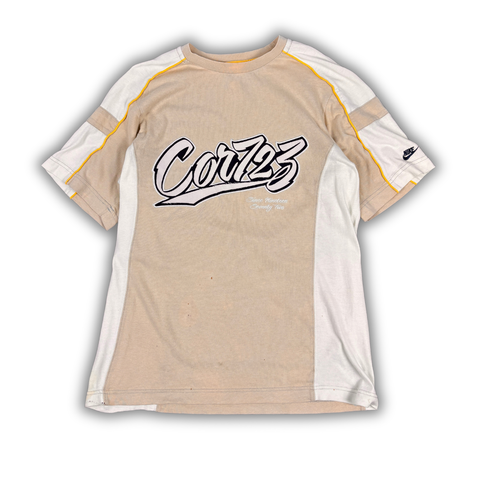 Vintage Y2K Nike T-Shirt Men’s S Brown White Cotton Cortez Graffiti Spell Out Sleeve Logo