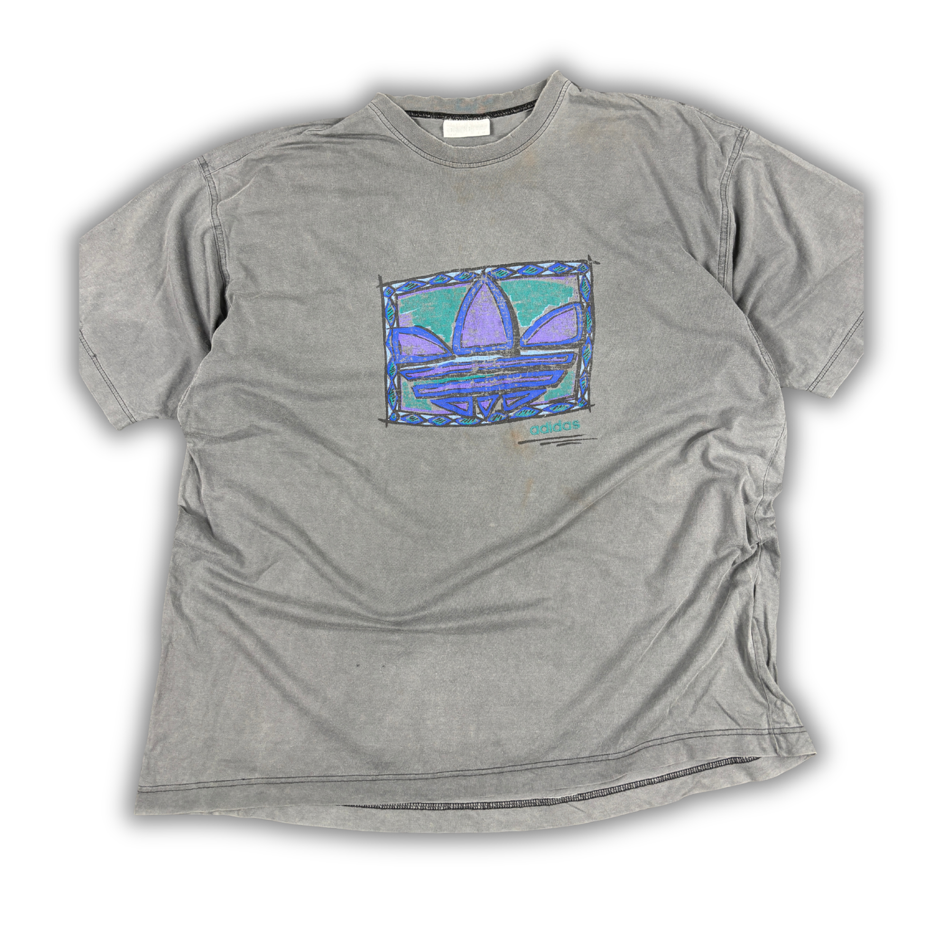 Vintage 90s Adidas T-Shirt Size XL Grey Retro Front Graphic Flower Logo Oversized