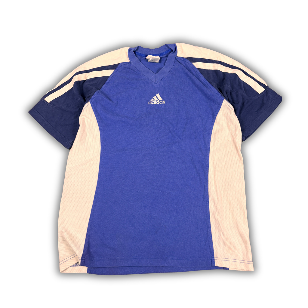 Vintage 90s Adidas T-Shirt Size M Blue White Panels 3-Stripe Centre Logo V-Neck