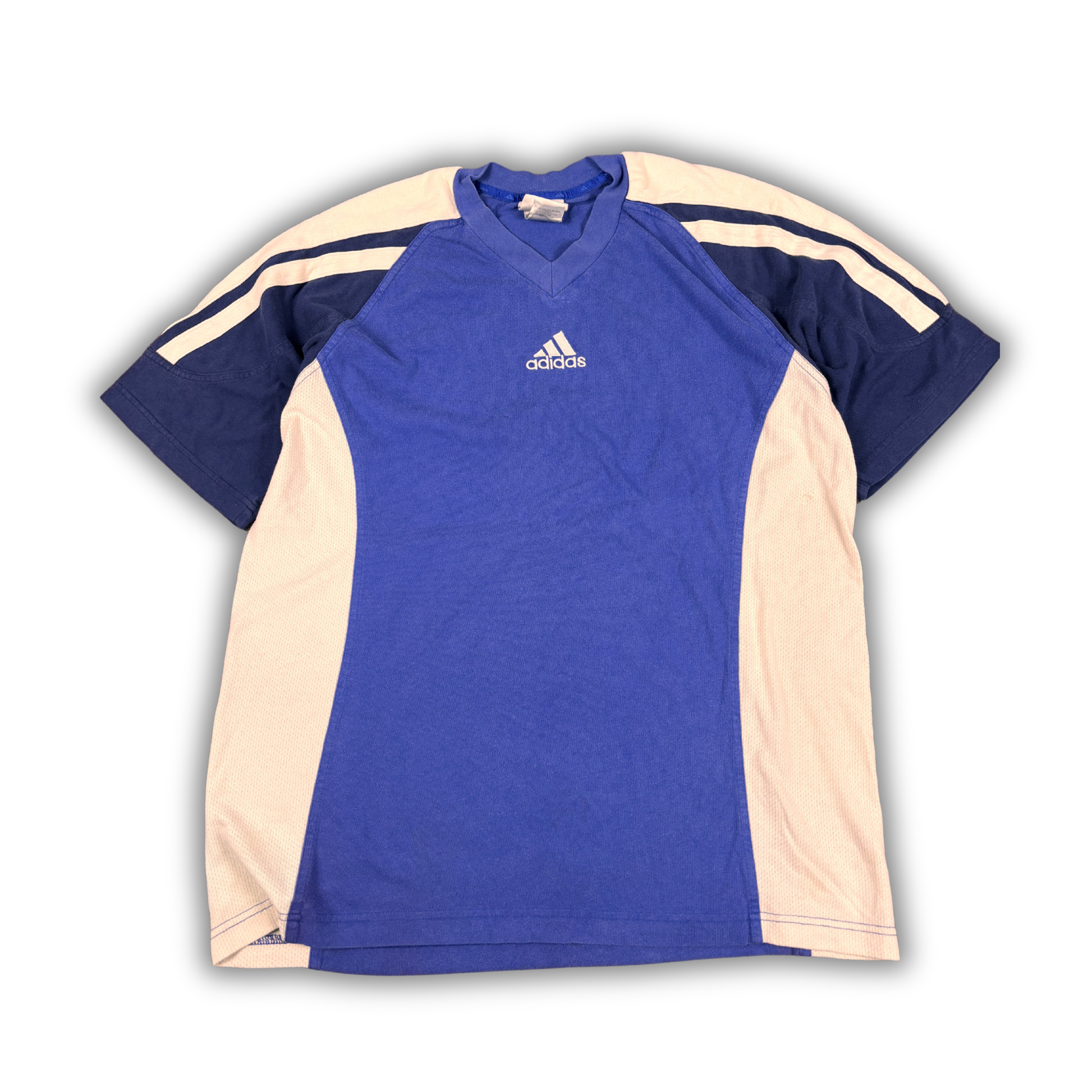 Vintage 90s Adidas T-Shirt Size M Blue White Panels 3-Stripe Centre Logo V-Neck