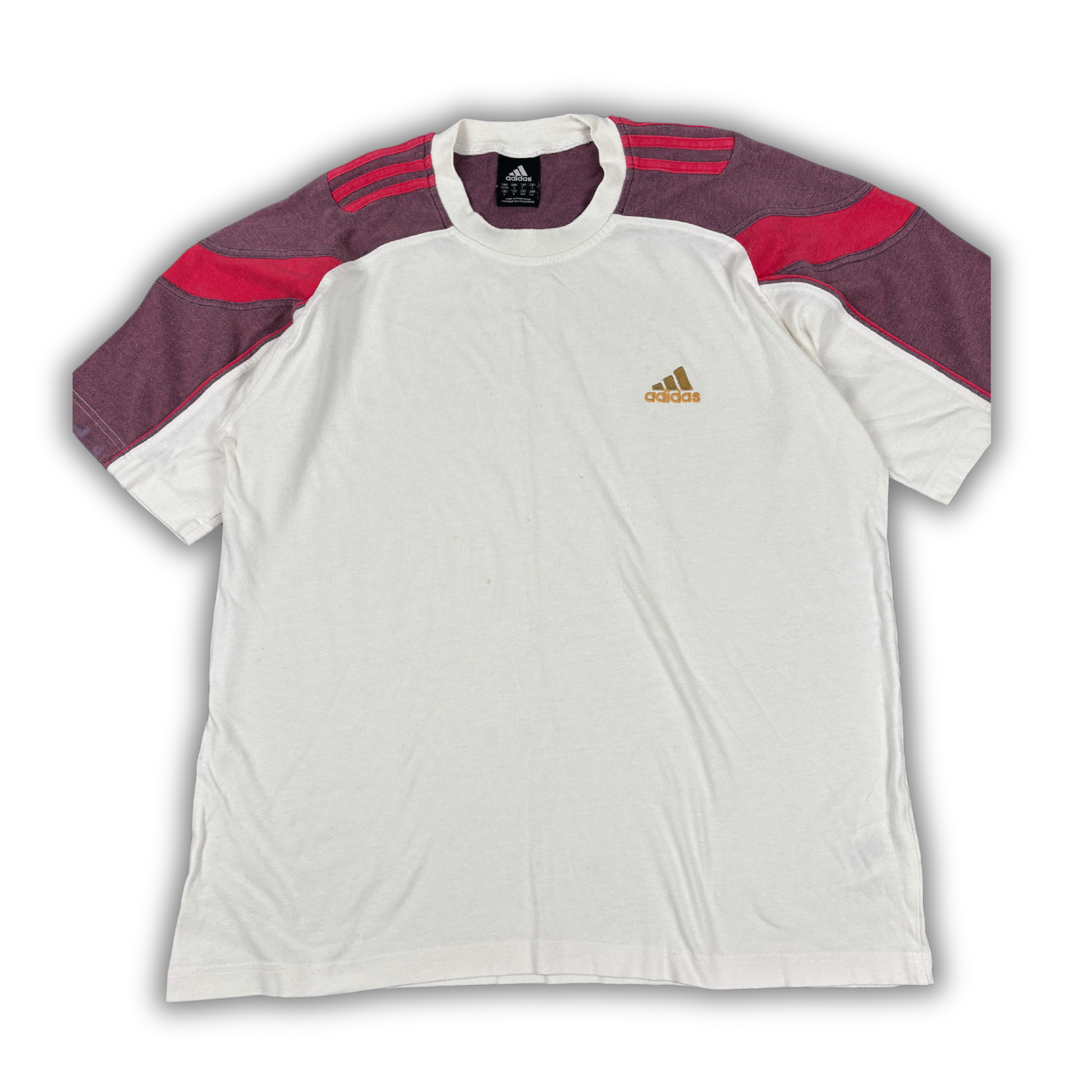 Vintage Y2K Adidas T-Shirt Size L Oversize White Brown Red Gold Logo 3 Stripes Faded