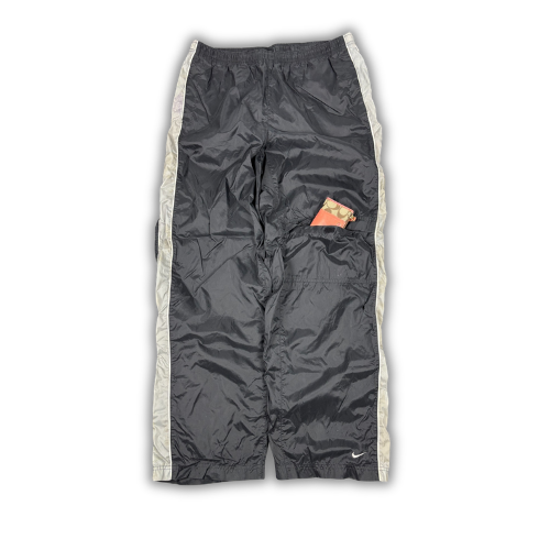 Vintage 90's Nike Cargo Track Pants Men's L Black White Piping Grey Panels Ankle Swoosh Wide Leg