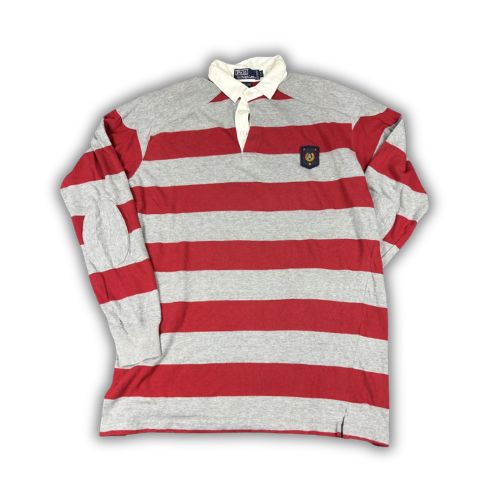 Vintage 90's Polo Ralph Lauren Rugby Polo Men's L Red Grey Striped Badge Logo