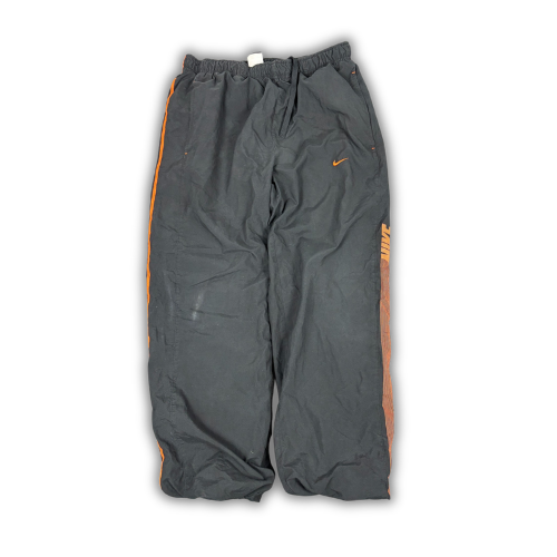 Men's Classic Nike Track Pants Size M Black Orange Piping Swoosh Spell Out Logo Cuffed Ankles Wide Leg