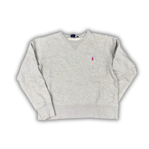 Vintage Women's 90's Ralph Lauren Jumper XS Grey Pink Small Pony Sweatshirt Crew Neck