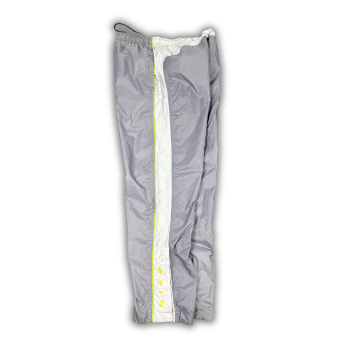 Vintage 90's Nike Track Pants Women's M Grey Grey Green Piping Spell Out Velcro Ankle Wide Leg