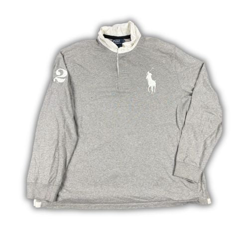 Vintage Men's 90's Ralph Lauren Rugby Polo XXL Grey White Large Pony Number Jersey Collared