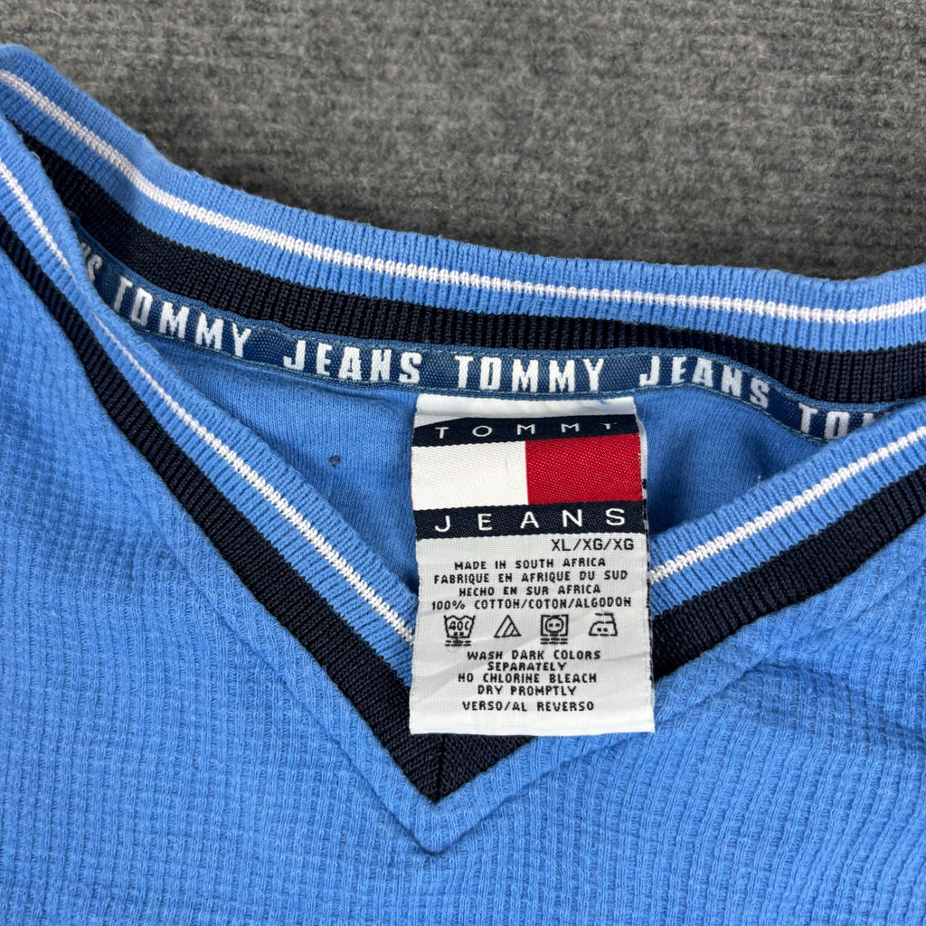Vintage Tommy Jeans Waffle Knit V-Neck Tee Sky Blue Flag Logo photo 5