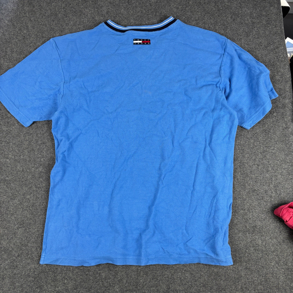 Vintage Tommy Jeans Waffle Knit V-Neck Tee Sky Blue Flag Logo photo 3