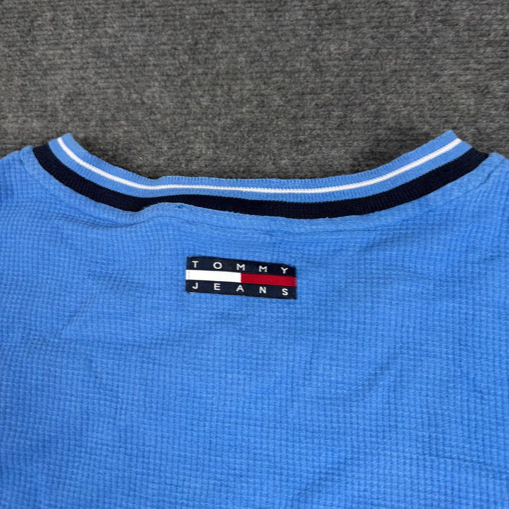 Vintage Tommy Jeans Waffle Knit V-Neck Tee Sky Blue Flag Logo photo 4