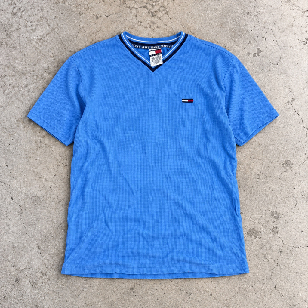 Vintage Tommy Jeans Waffle Knit V-Neck Tee Sky Blue Flag Logo photo 1