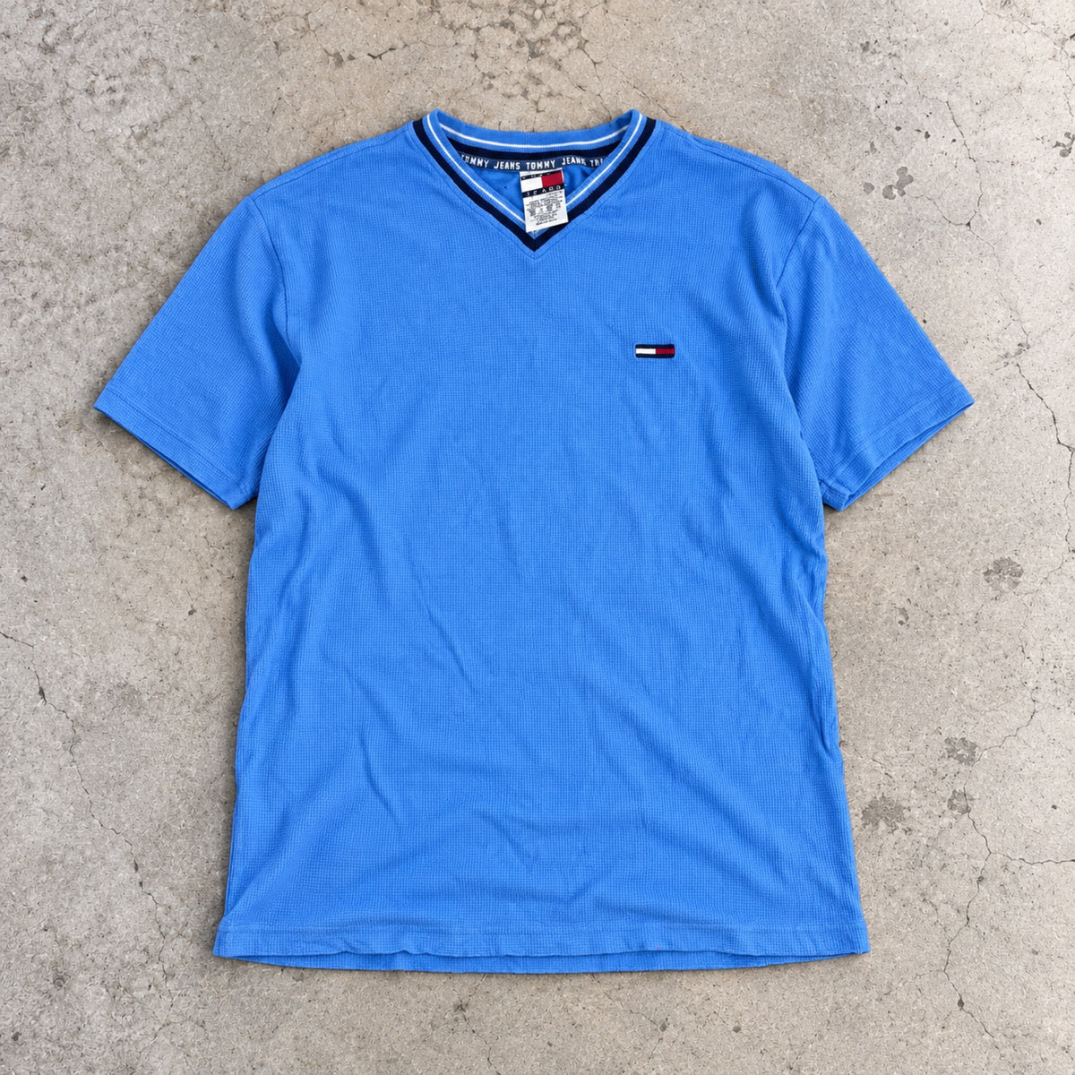 Vintage Tommy Jeans Waffle Knit V-Neck Tee Sky Blue Flag Logo photo 1