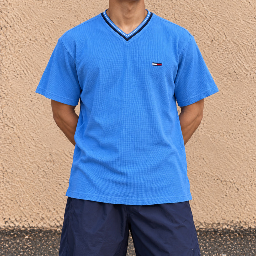 Vintage Tommy Jeans Waffle Knit V-Neck Tee Sky Blue Flag Logo photo 2