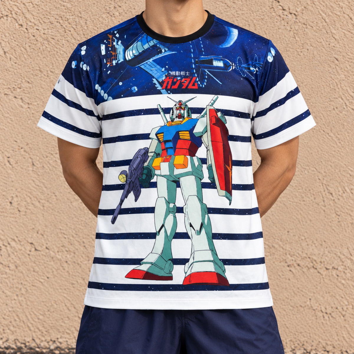 Mobile Suit Gundam RX-78 Striped Graphic Tee Navy White Earth Federation photo 2